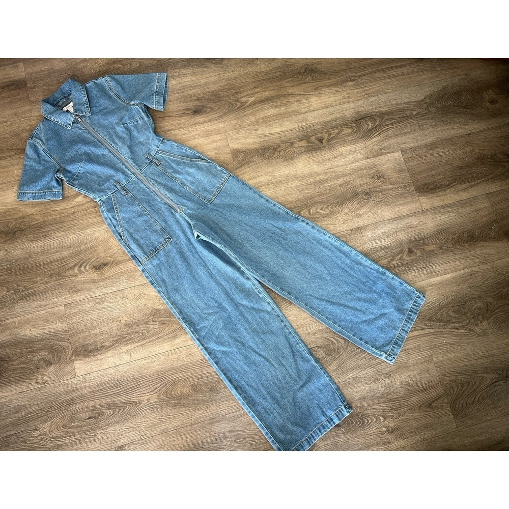 flare-leg denim jumpsuit.